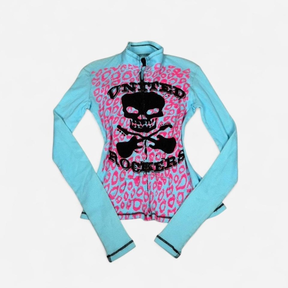 Vintage y2k Glamhead light blue & pink black scene skull emo long sleeve zip up
